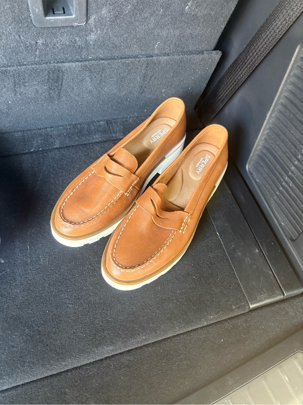 Sperry Tan Leather Penny Loafers with White Sole 9.5